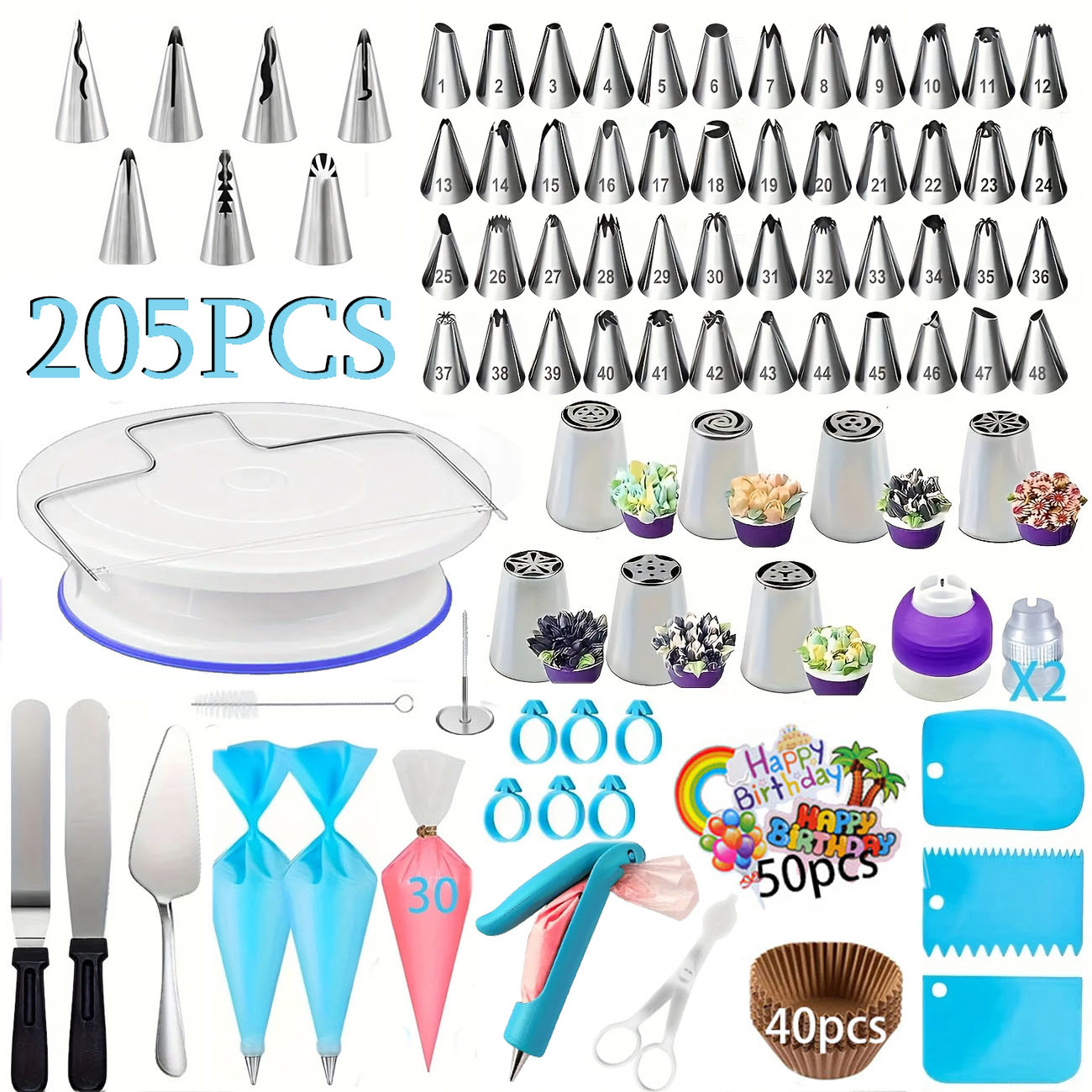 Fondant Smoother Set - 205PCS Professional Cake Decorating Kit–Piping Nozzles,Turntable,